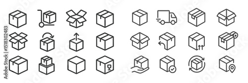 Outline icons representing various packaging, delivery, and shipping activities urban environment