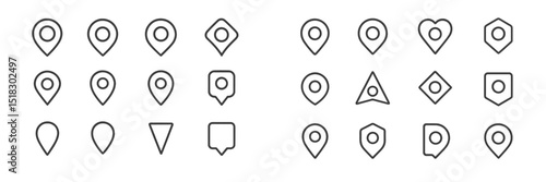 Collection of location markers in various shapes and designs for navigation and mapping purposes presented on a white background