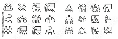 Collection of simple line icons representing various group activities and presentations in professional settings
