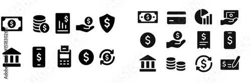 Discussion of financial transactions featuring various monetary symbols and banking icons