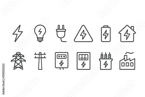 Collection of electricity-related icons depicting various elements of power, energy, and infrastructure in a simple design