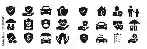 Check mark symbols representing various insurance types and protection, designed in a modern vector style for easy identification