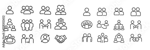Collection of minimalist line icons representing various group dynamics and teamwork concepts in a professional setting
