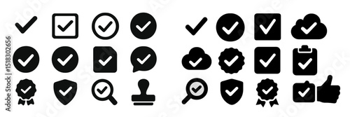 Collection of checkmark symbols and icons in various formats and styles on a plain background