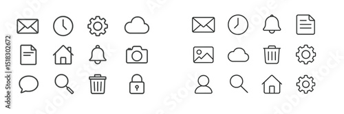 Collection of various simple line icons representing communication and organization on a clean background