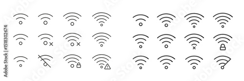 Different symbols representing Wi-Fi status and connectivity issues in a minimalist design layout
