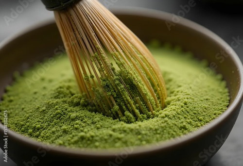 Close-up of matcha powder being whisked in a handcrafted bowl, bamboo whisk in motion.