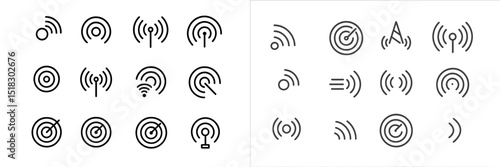 Various signal indicators and target icons arranged in a grid layout for communication and technology contexts