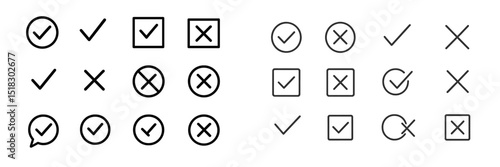 Various check marks and cross symbols in different styles arranged in a grid demonstrating approval and disapproval concepts
