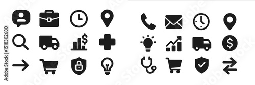 Set of black icons representing various activities, services, and tools used in daily life and business