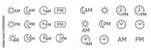 Understanding time indicators with AM and PM symbols through various clock designs and representations