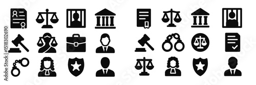 Legal symbols representing justice, law enforcement, and court activities in a black and white design