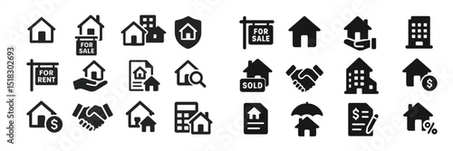 Collection of real estate icons representing sales, rentals, and property transactions for housing market applications