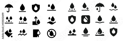 Various water-related icons representing protection, weather, and usage displayed on a clean background