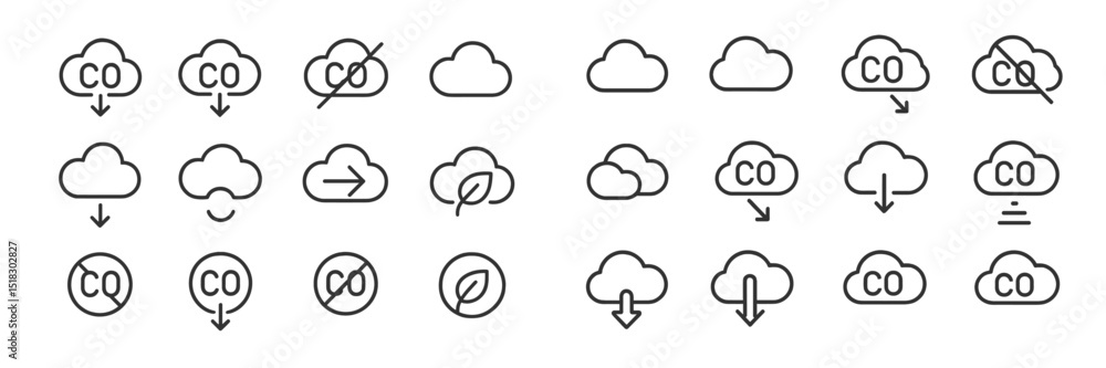 Different cloud icons representing various statuses related to carbon dioxide emissions reduction Different cloud icons representing various statuses related to carbon dioxide emissions reduction