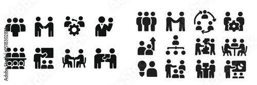 Collection of diverse business team icons representing various collaboration and communication activities for effective teamwork