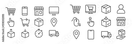 Online shopping icons illustrating various aspects of e-commerce and delivery services