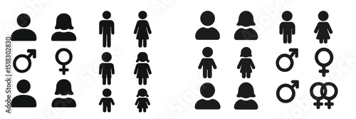 Gender symbols and silhouettes representing male, female, and non-binary identities in a contemporary graphic design layout