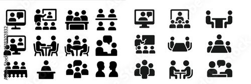 Icons representing various online and in-person meeting formats with diverse groups engaging in collaborative activities
