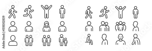 Simple line icons representing various human figures engaged in different activities and emotions