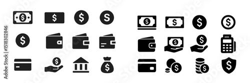 Icons representing finance transactions and money management featuring wallets, banknotes, and payment methods in a modern design style