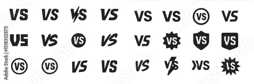 Various designs of the VS symbol in different styles and formats showing contrast and competition