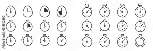 Collection of simple clock and timer icons in various designs for use in digital applications or print media