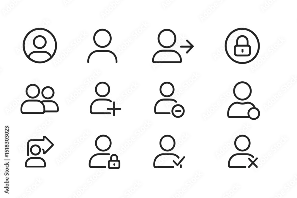 Icons representing user profiles, actions, and security measures in digital environments for online applications Icons representing user profiles, actions, and security measures in digital environments for online applications