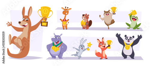 Golden cup. Animal holding trophy medal for different achievements exact vector cartoon concept illustration