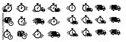 Collection of delivery and timing icons depicting fast shipping and efficiency in logistics