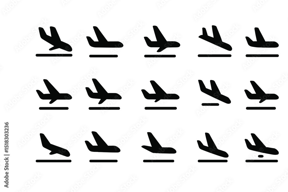 Various silhouettes of airplanes taking off and landing against a simple background in a minimalistic design layout Various silhouettes of airplanes taking off and landing against a simple background in a minimalistic design layout