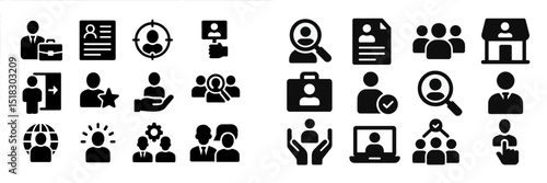 Icons representing business concepts, teamwork, and professional development in a modern graphical style
