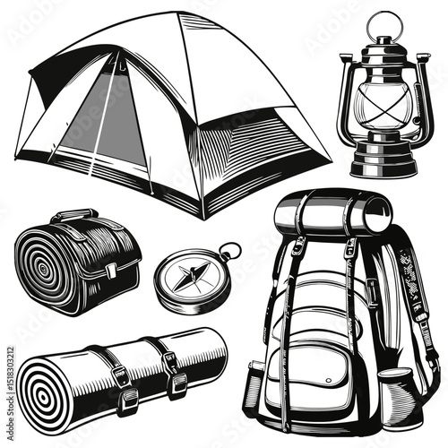 Camping Elements Set PNG | Outdoor Gear, Tent, Campfire, Hiking Icons Collection set 2