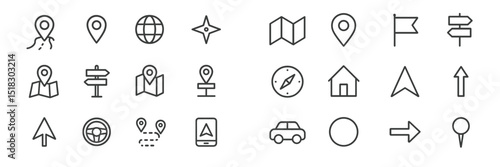Collection of simple navigation and map icons illustrating various ways to find directions and locations