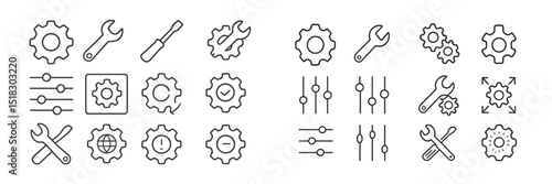 Collection of various icons featuring gears, wrenches, and tools designed for mechanical and technical concepts