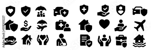 Collection of black icons representing health, safety, and travel insurance concepts on a simple background