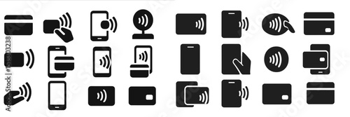 Symbols representing contactless payment technology used in various devices and transactions