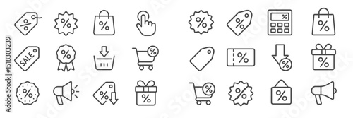 Collection of shopping and discount icons depicting various sale activities and promotions in a minimalist style
