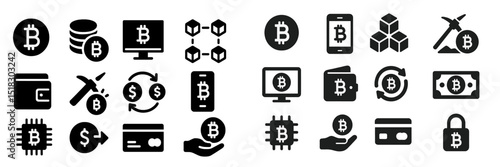 Various Bitcoin symbols and icons representing cryptocurrency transactions and mining processes