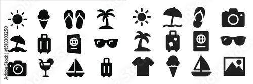 Travel symbols representing leisure activities and vacation essentials for a sunny getaway