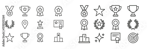 Collection of award icons showcasing trophies, medals, and certificates for various achievements and recognition events