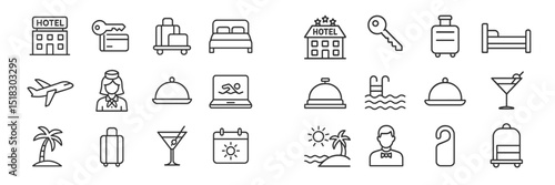 Travel icons representing hotels, luggage, and vacation activities in a minimalist design for tourism themes and marketing