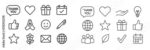 Collection of simple line icons representing gratitude, celebration, and communication in a minimalist style suitable for various uses