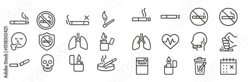 Collection of no smoking icons illustrating health risks associated with tobacco use