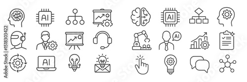 Variety of AI and technology icons representing concepts of innovation, data analysis, and automation in a modern digital environment