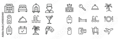 Collection of hotel and travel icons representing various services and activities in a vacation setting