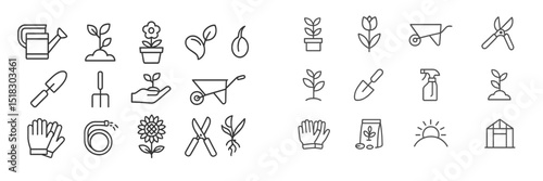 Gardening essentials with tools, plants, and icons for indoor and outdoor gardening activities