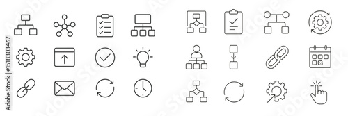 Icons representing various concepts of organization, tasks, and communication in a digital workspace setting