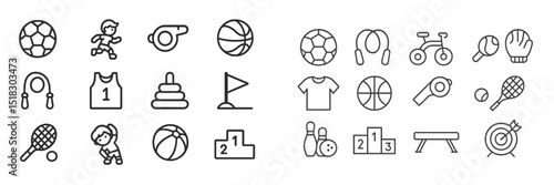 Collection of various sports icons featuring basketball, soccer, and athletics in a minimalist design