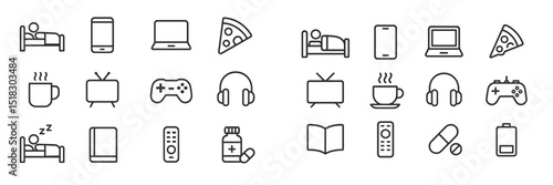 Icons representing home activities and entertainment choices in a minimalist design for relaxation and leisure time